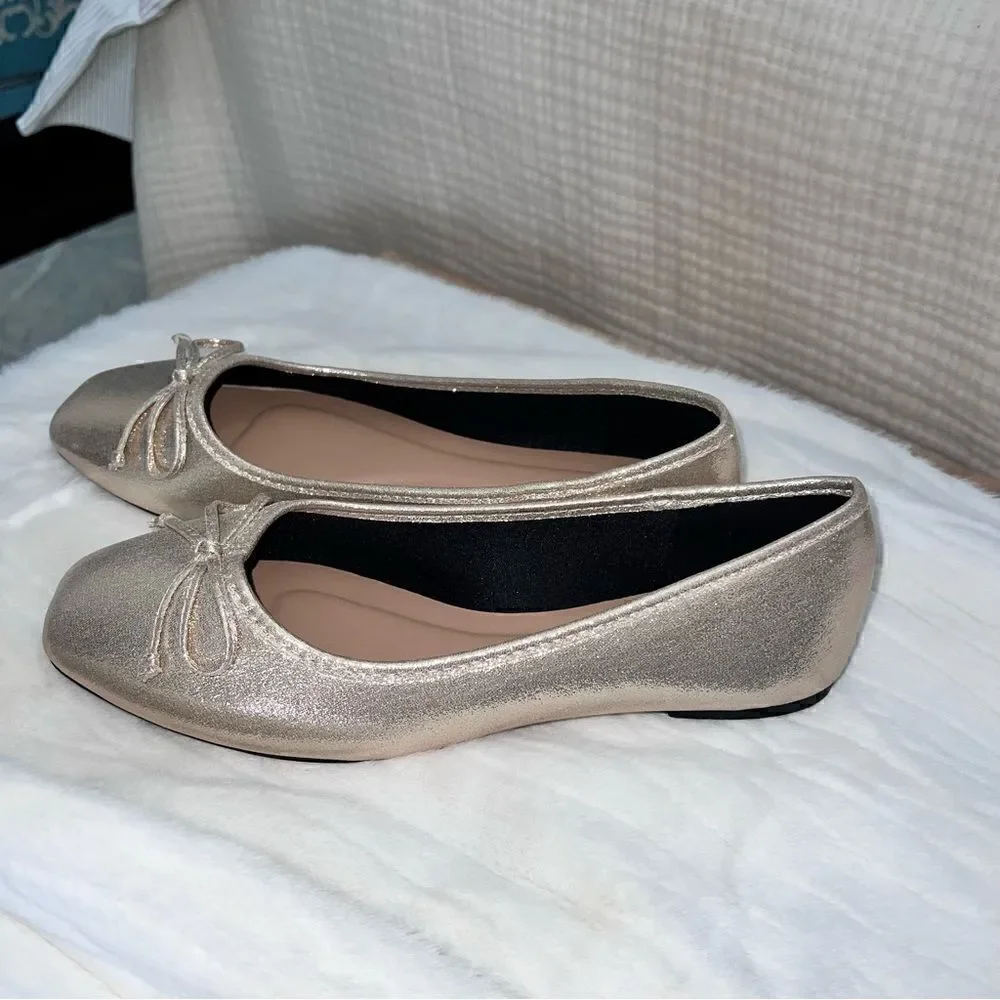 Gold square toe ballet flats with bow- brand new without box size 8